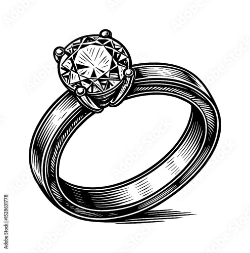 Detailed Engraved Illustration of a Diamond Ring for Engagement and Wedding