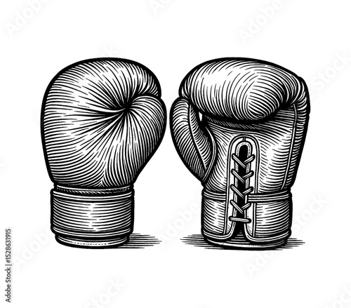 Two Boxing Gloves in Detailed Engraved Black and White Illustration Style