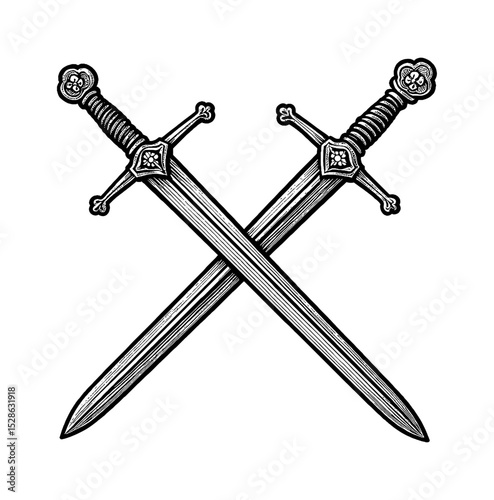 Crossed swords with detailed hilt and blade design in black and white outline art drawing