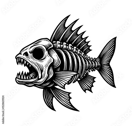 Fish skeleton with open mouth in black and white engraving style illustration