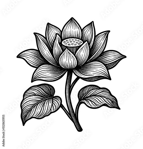 Detailed Black and White Engraving Style Illustration of a Lotus Flower with Leaves