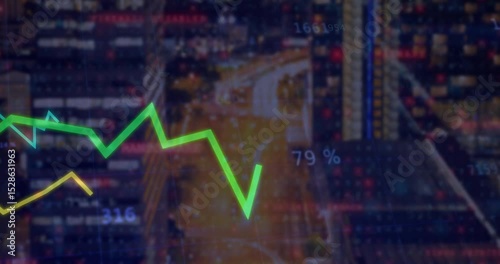 Cityscape opening then three line graphs rising, varying with data labels illustrating live trends