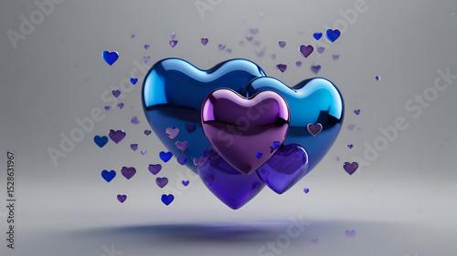 flying blue and purple hearts 3drender icon Glass hearts on a dark gray background Generate AI,