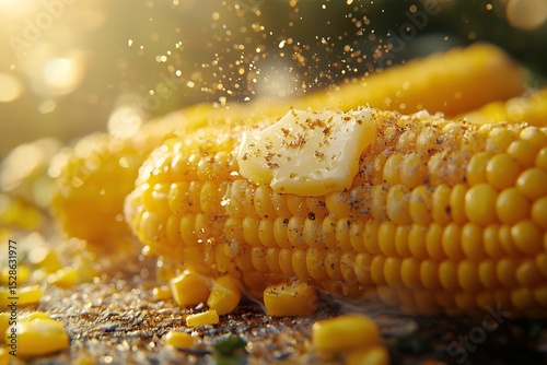 Grilled Ears of Corn with Butter and Sprinkled Seasoning. Tasty Summer Side Dish for BBQ and Healthy Eating