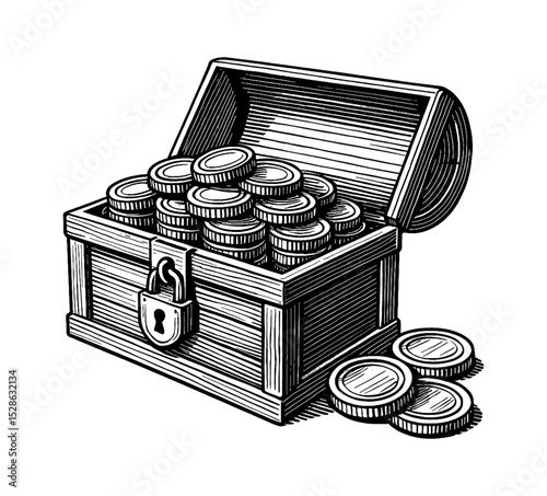 Open treasure chest filled with gold coins and padlock in black and white engrave style