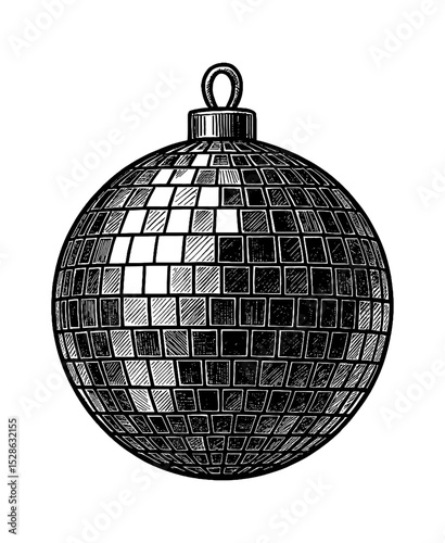 Disco Ball Engraved in Black and White with Detailed Texture and Shading, Isolated on White Background
