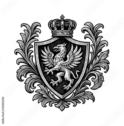 Heraldic Griffin in Shield with Crown and Floral Ornaments Black and White Vector Illustration