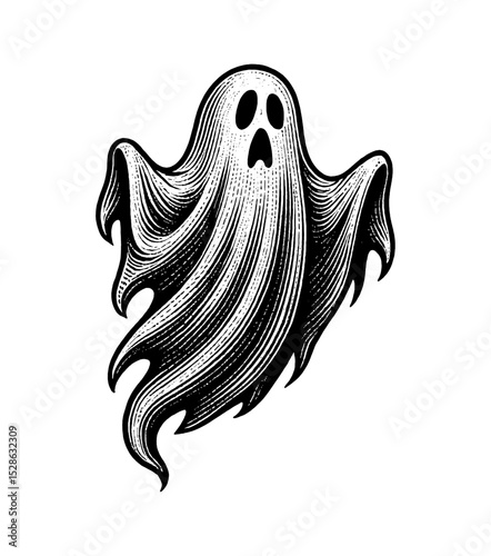 Ghost Illustration with Black and White Engraving Style for Halloween Designs