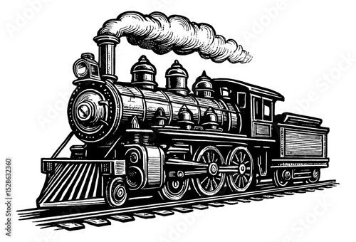 Engraved image of a steam train locomotive on railway track, with smoke