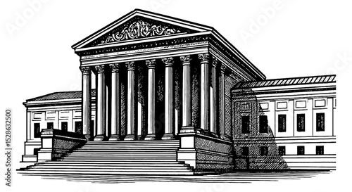 Detailed black and white engraving of a classical building with columns