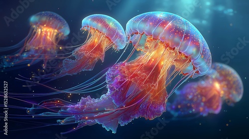 A group of vividly colored jellyfish drifting together in deep ocean water. Their bioluminescent glow creates a mesmerizing, otherworldly underwater composition