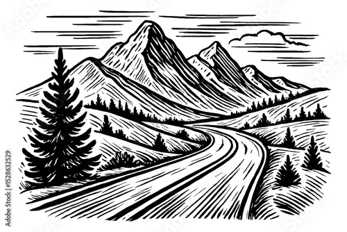 Black and White Engraved Landscape with Mountains, Road, Trees, and Cloudy Sky