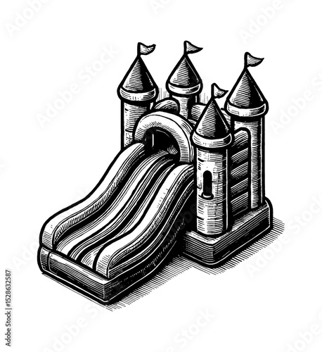Detailed Engraving Style Illustration of Bouncy Castle with Slide Isolated on White