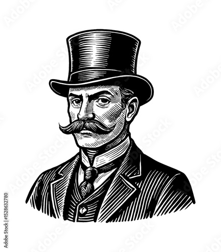 Portrait of a man with a mustache in vintage style, wearing a suit and top hat