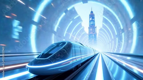 Futuristic high-speed train traveling through a glowing tunnel towards a modern city skyline