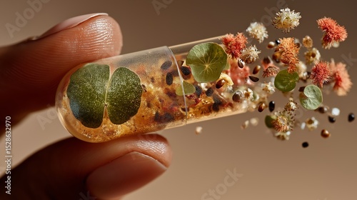 A close-up of a hand holding a transparent capsule bursting with seeds, flowers, and green leaves. This image symbolizes natural supplements, plant-based wellness and organic healing