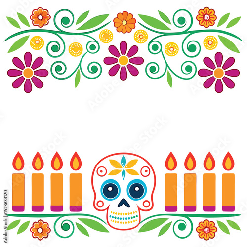 Vibrant dia de los muertos illustration featuring a decorated sugar skull and floral elements