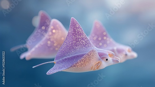 A group of glowing purple stingrays with dotted patterns swim through a blue ocean scene. A surreal and fantasy interpretation of marine wildlife and dreamy underwater ecosystems