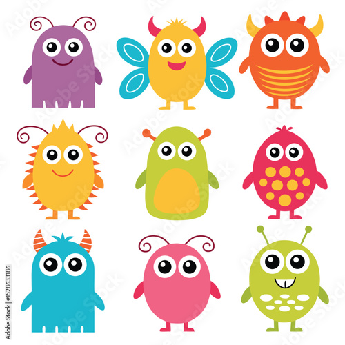A collection of nine colorful cute cartoon monster characters isolated on a white background