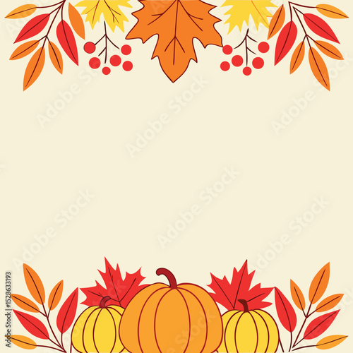 A decorative autumnal frame featuring pumpkins leaves and berries with warm colors and a cream background