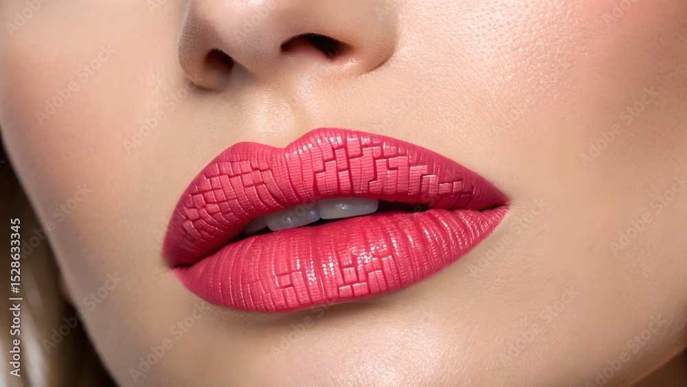 Fototapeta premium High-impact close-up of lips with pixelated digital lipstick effect on neutral background, merging retro aesthetic with futuristic beauty tech.
