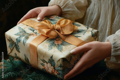 Wrapped Holiday Gift with Ribbon and Decorative Paper Celebrate Christmas and New Year in Festive Style