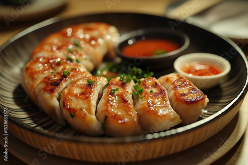 Delicious Grilled Dumplings. A Mouthwatering Chinese Appetizer with Crispy Pork Filling and Savoury Dipping Sauce