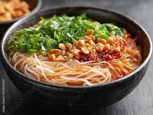 Delicious Asian Stir Fry Rice Noodles. A Flavorful Vegan Chinese Cuisine Bowl with Fresh Ingredients and Herbs