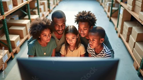 Family of five engaged in a shared moment while watching a screen in a warehouse filled with boxes