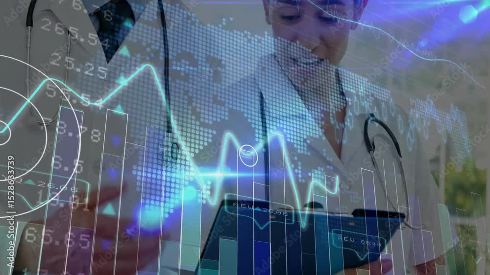 Female doctor tapping tablet analyzing health data overlay bar charts ...