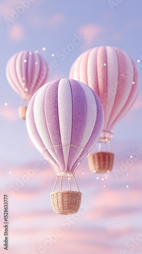 Three stylized hot air balloons made of textile-like materials float gracefully in a pink and purple sunset sky. This illustration merges softness with the idea of exploration and peaceful journeys