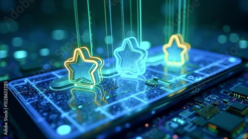 A glowing smartphone displaying colorful stars, symbolizing digital rewards in a tech environment