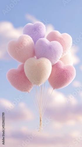 Valentine's day A dreamy bouquet of plush heart-shaped balloons in pastel pink, lavender and cream colors floats against a soft blue sky. Evokes love, warmth and romantic celebration