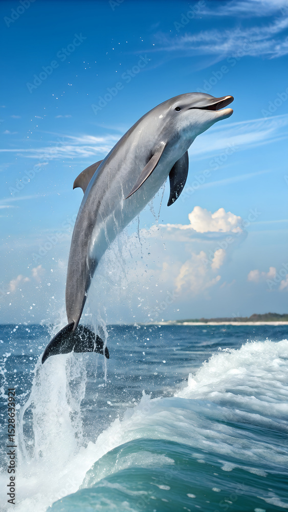 Fototapeta premium Bottlenose Dolphin Leaping High Above Ocean Waves on a Sunny Day with Blue Sky Background