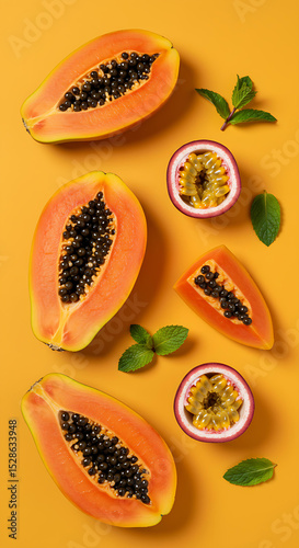 Flat lay image of healthy fat-burning fruits: papaya slices, passion fruit, and mint on a bright orange background.
