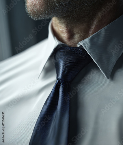 Close-up of businessman wearing elegant blue tie and white shirt