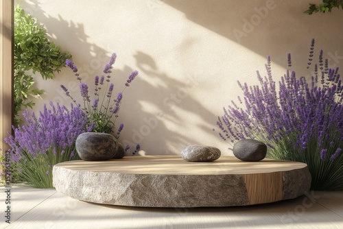 Stylish Lavender Plants in Modern Zen Garden. A Tranquil Outdoor Design with Violet Accents and Contemporary Architecture for a Peaceful Home