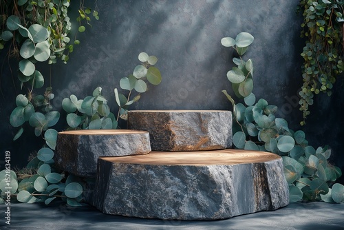 Stone Stages Display with Eucalyptus and Greenery. Modern Rustic Interior Design Photography
