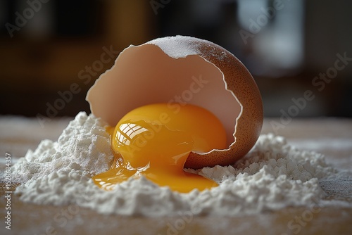 Organic Baking Ingredients. Broken Egg and Flour Close-Up for Homemade Culinary Recipes