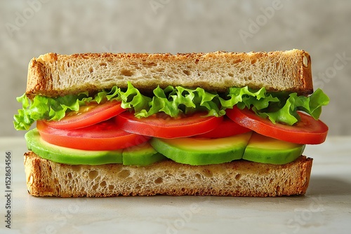 Vibrant Vegetable Sandwich Stack with Fresh Ingredients on Whole Grain Bread - Healthy, Appetizing, Plant-Based Culinary Art