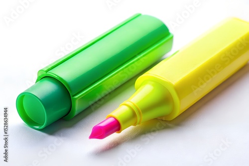 Bright green and yellow highlighters on white background close-up photo