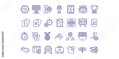 Football Icon Pack With Outline Style Simple, Soccer, game, play, strategy, stadium, ball, sport, goal, banner, flag, Vector Illustration
