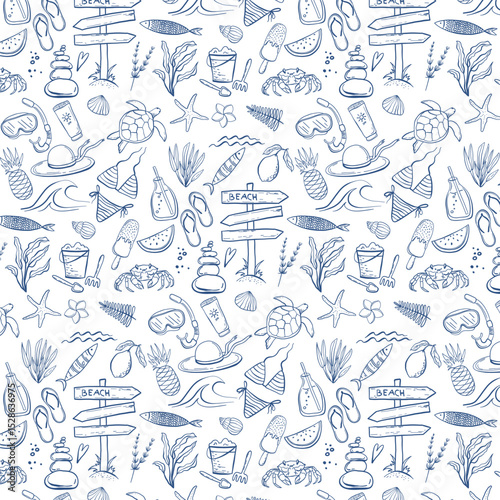 Travel Beach Seamless Pattern. Sea Creatures Line Art. Turtle, crab,  starfish, seashell, fish. Minimalist Marine Animals Outline, Ocean Animals Background