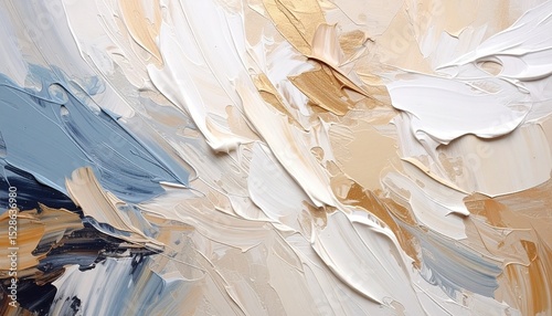 Abstract painting features thick strokes of white, beige, gold and blue paint blending to create a textured, layered and visually appealing design on s.