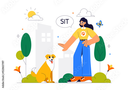 Dogs Training Center at Playground with Instructor Teaching Pets to Perform Tricks and Various Jumping Skills in a Flat Style Cartoon Background