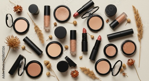 Cosmetics flat lay composition: An eye-level shot of various cosmetic products artistically arranged, showcasing an array of makeup essentials. The image focuses on the makeup products.