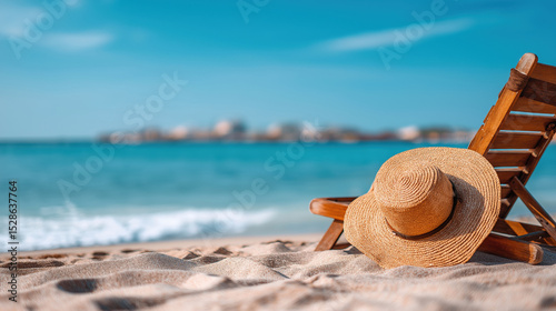 Relaxing beachside with a straw hat on a sunny day by the ocean