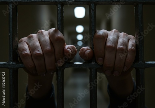 Imprisoned Hands Gripping Metal Bars in Dark Jail Cell