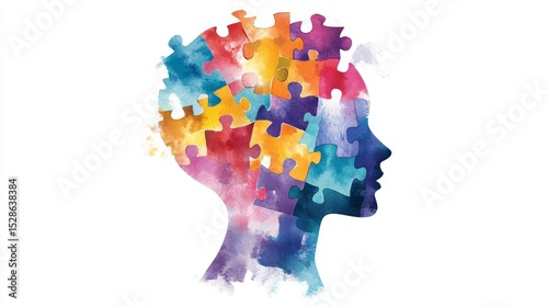 Watercolor concept human head profile made of colorful puzzle pieces, art illustration on mental health