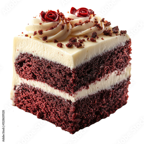 A delectable slice of red velvet cake adorned with cream cheese frosting photo